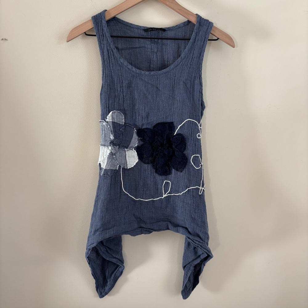 Animale Blue Crinkle Gauze Floral Applique Handkerchief Hem Tank Top Tie Back